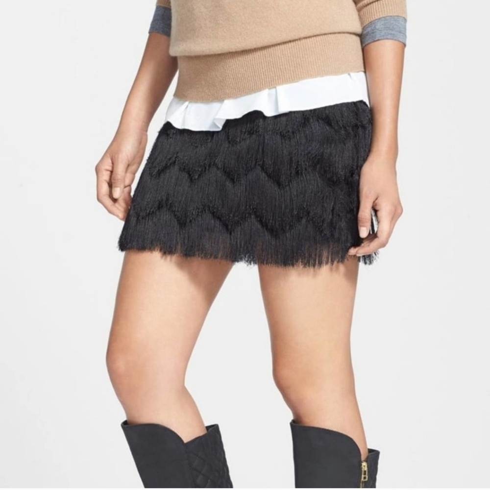 Leith Black Fringe Flapper Mini Skirt Pull-on Size Small Faux Fur‎ Lined